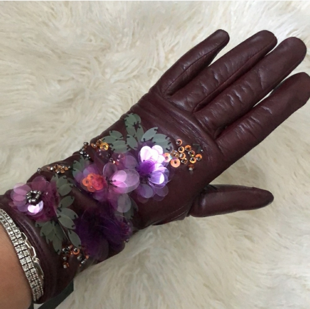 NEW Echo Genuine Burgundy/Red real Leather embroidered beads Gloves Retro Y2K - Picture 9 of 10